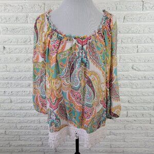 Spense XL Women's Off Shoulder Top Blue Orange Paisley Fringe Crochet PAI41E